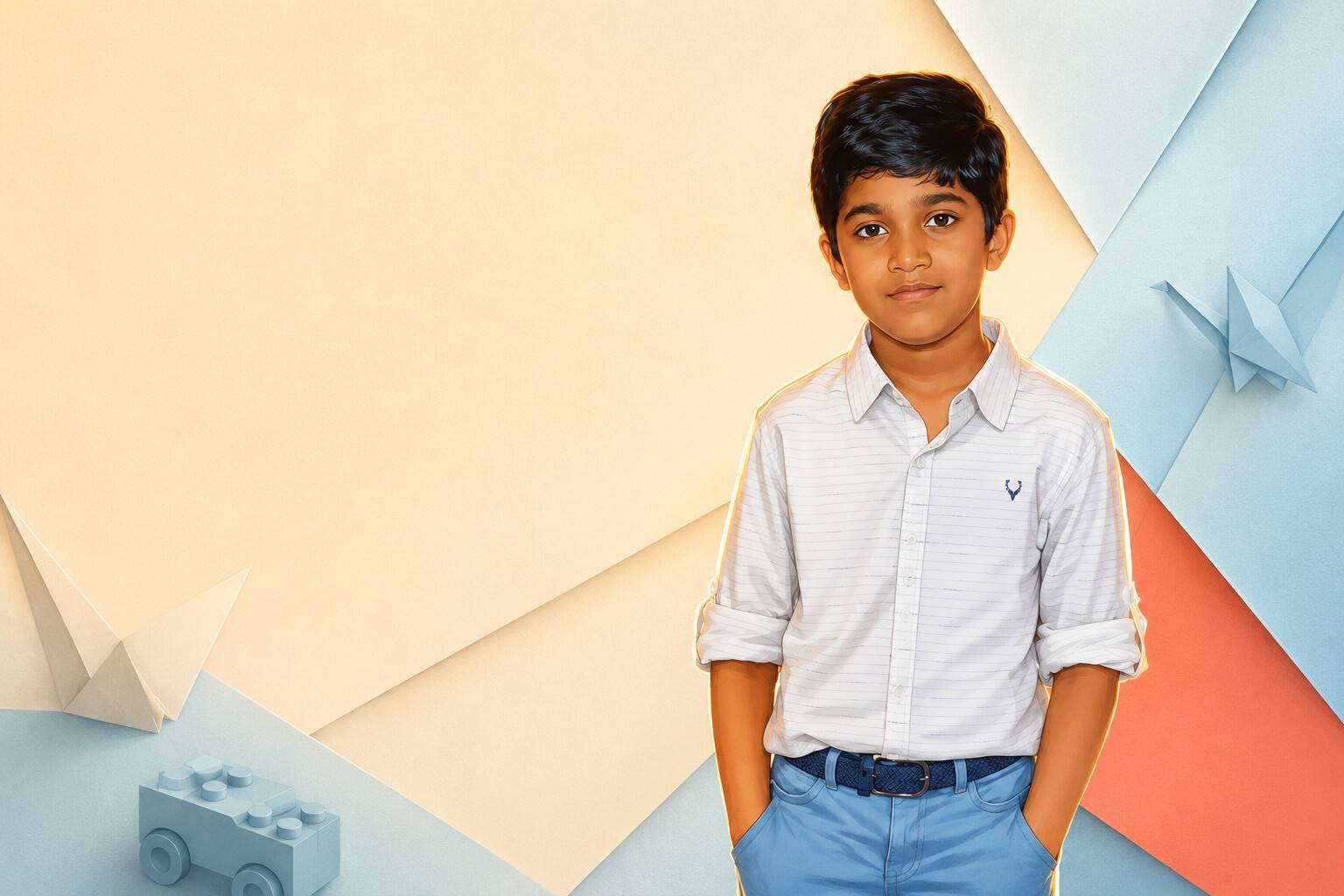 An illustrated portrait of Renz standing in front of large folded sheets of cream, blue and coral paper, with a paper crane and a small brick-built car beside him.